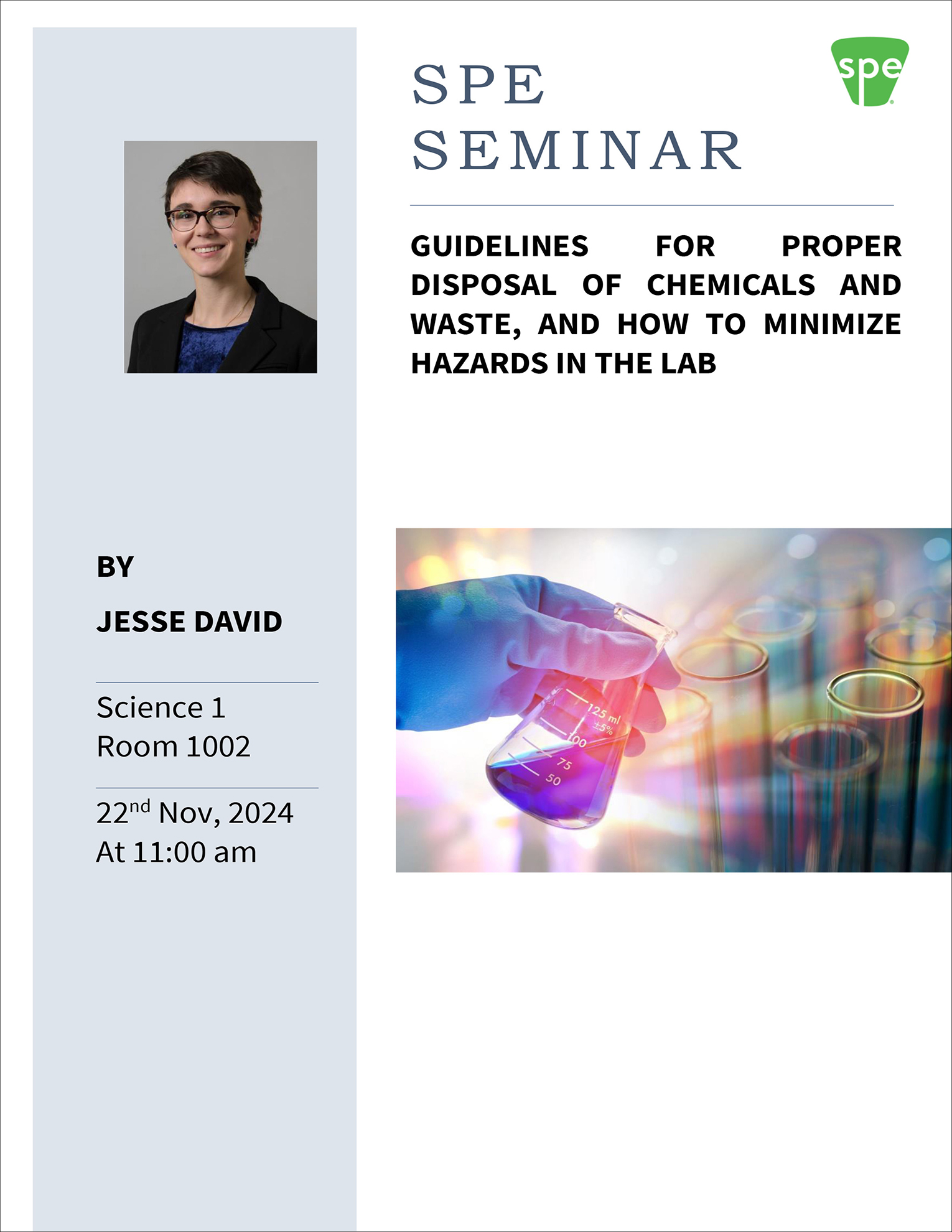 flyer for Society of Plastics Engineers UConn Chapter seminar to be held on 11/22/2024 at 11:00 am featuring IMS Stockroom and Lab Safety Manager Jesse David