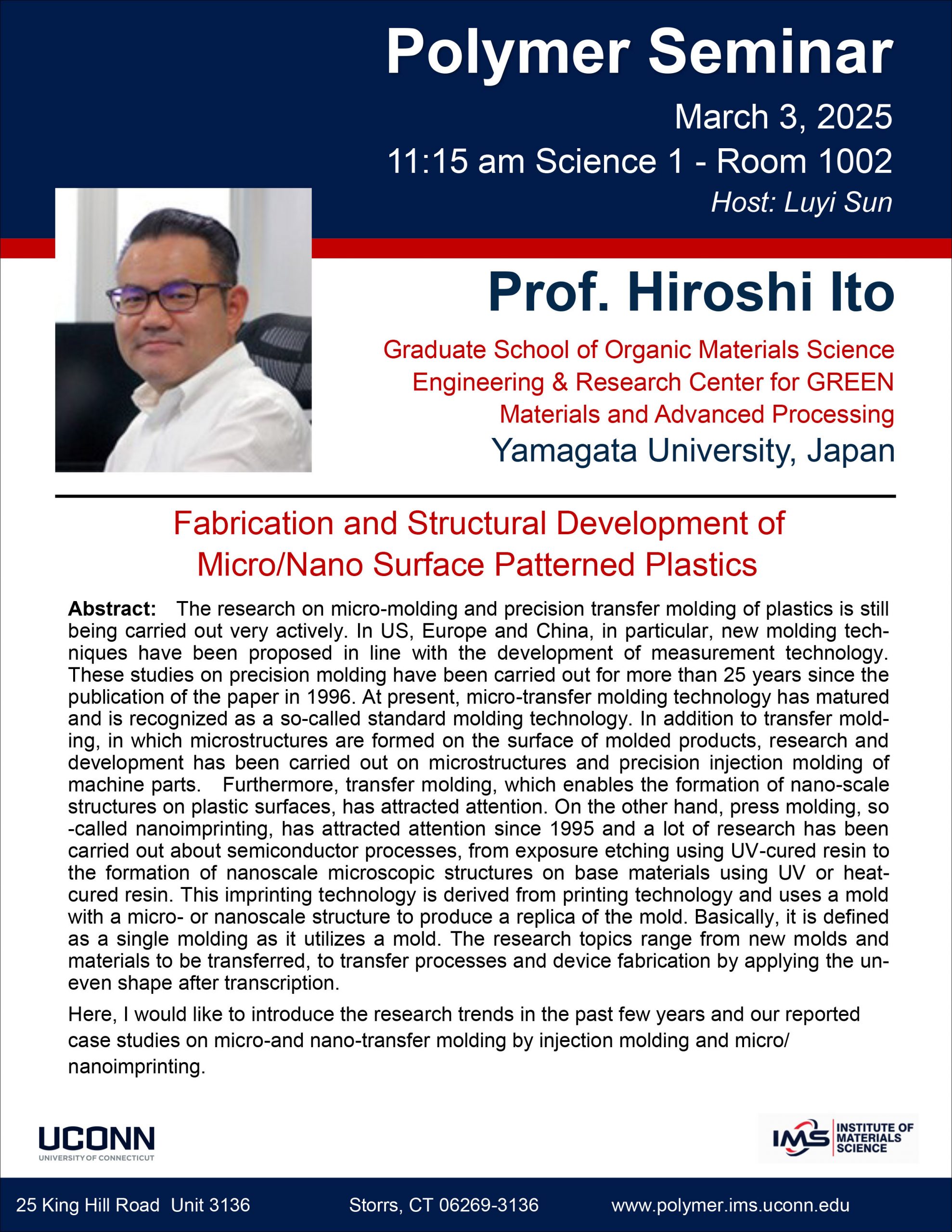 flyer announcing IMS Polymer Program Seminar to be held on 3/03/2025 featuring Hiroshi Ito from Yamagata University, Japan