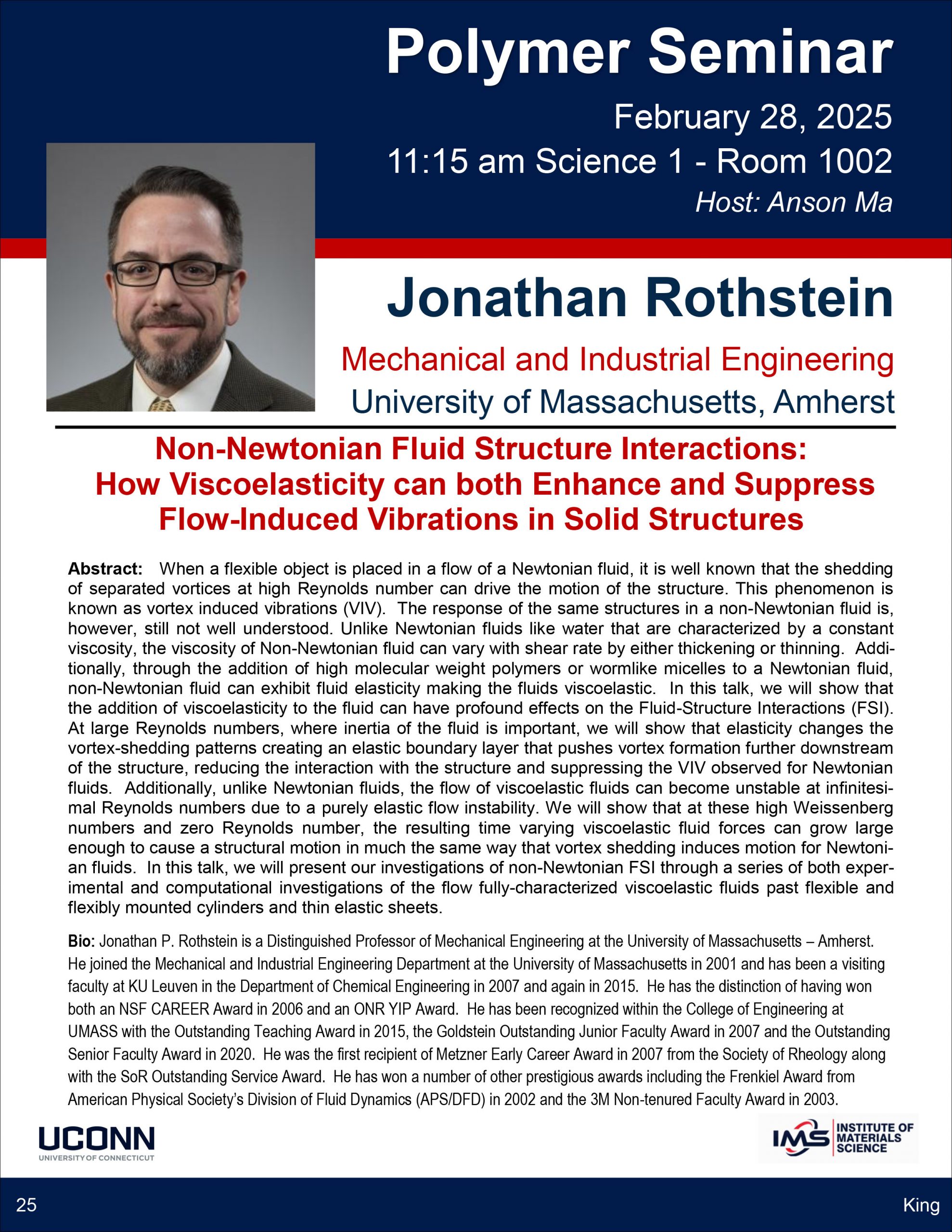 flyer announcing IMS Polymer Program Seminar to be held on 2/28/2025 featuring Jonathan Rothstein from UMASS Amherst