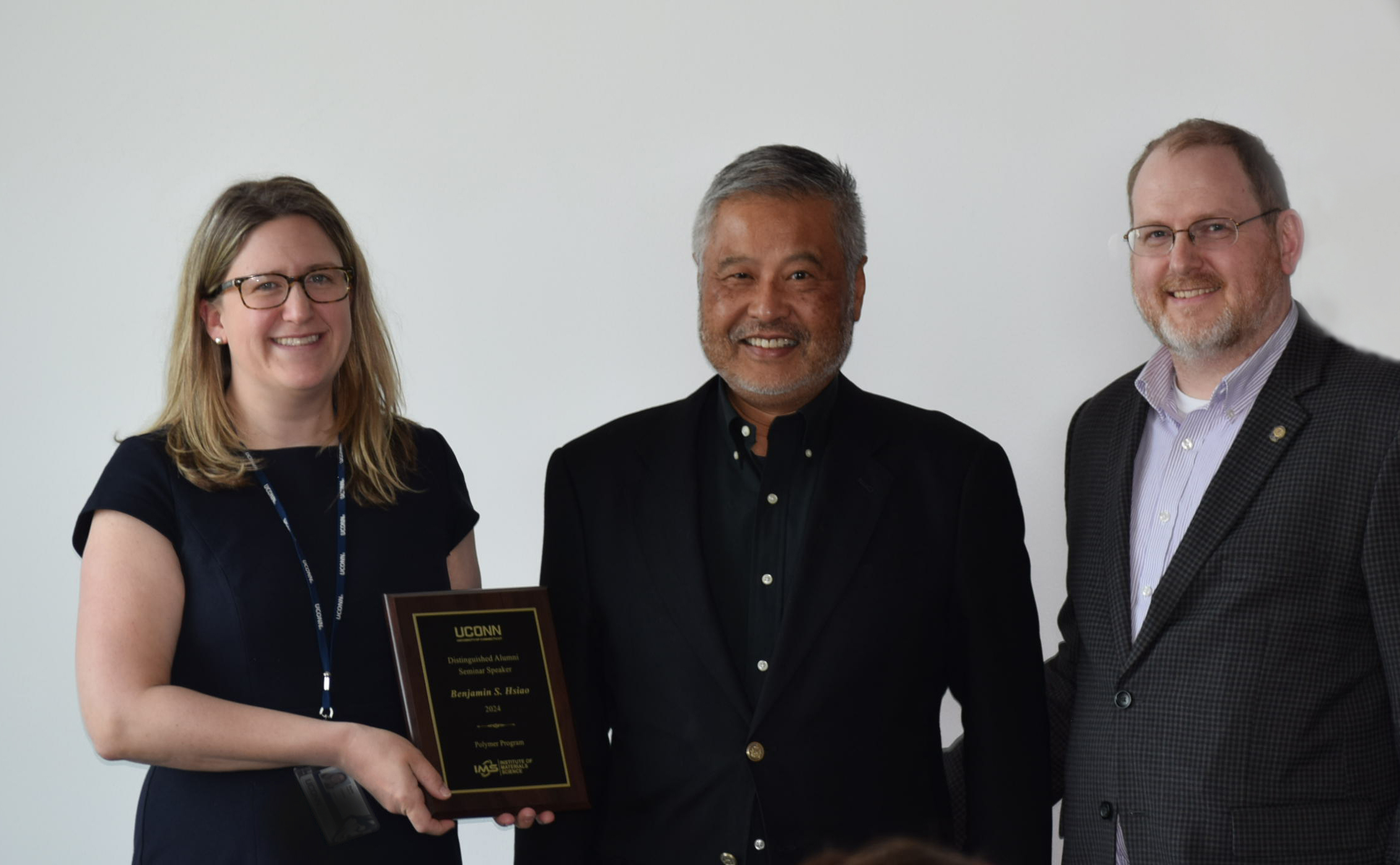 Drs. Kelly Burke and Jeffrey McCutcheon presents Dr. Benjamin Hsaio with IMS Polymer Program Distinguished Alumni Award.