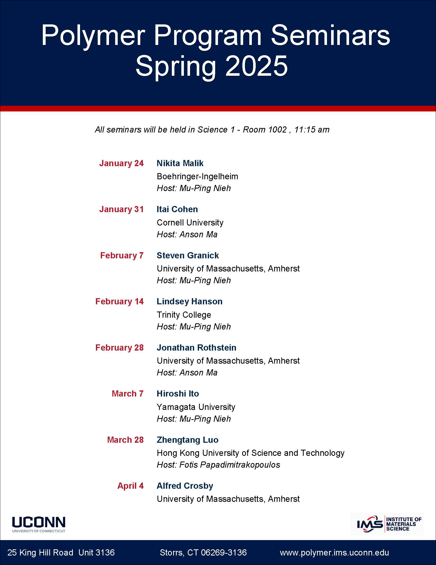 IMS Polymer Program listing of seminars for Spring 2025