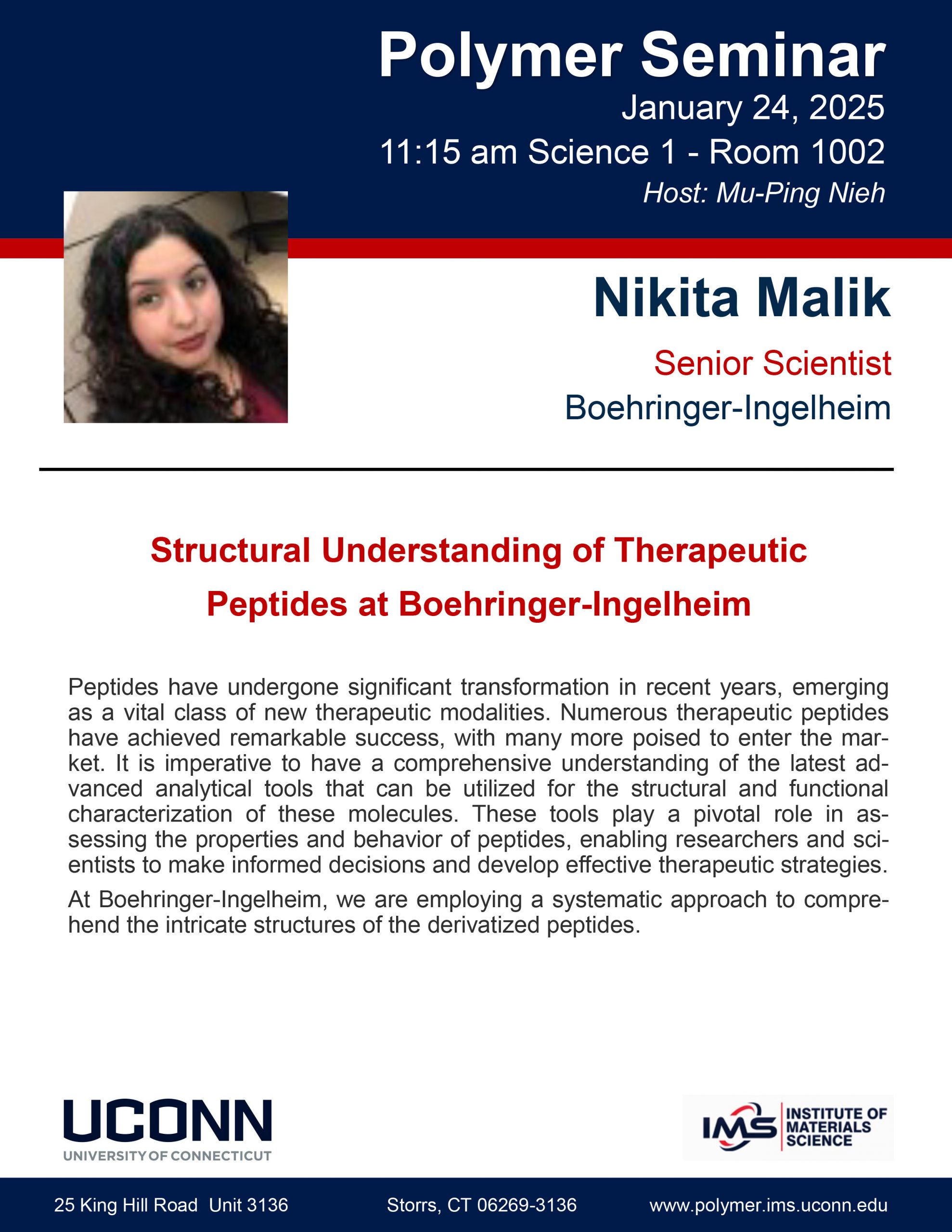 flyer for IMS Polymer Program seminar featurning Nikita Malik on 1/24/2025