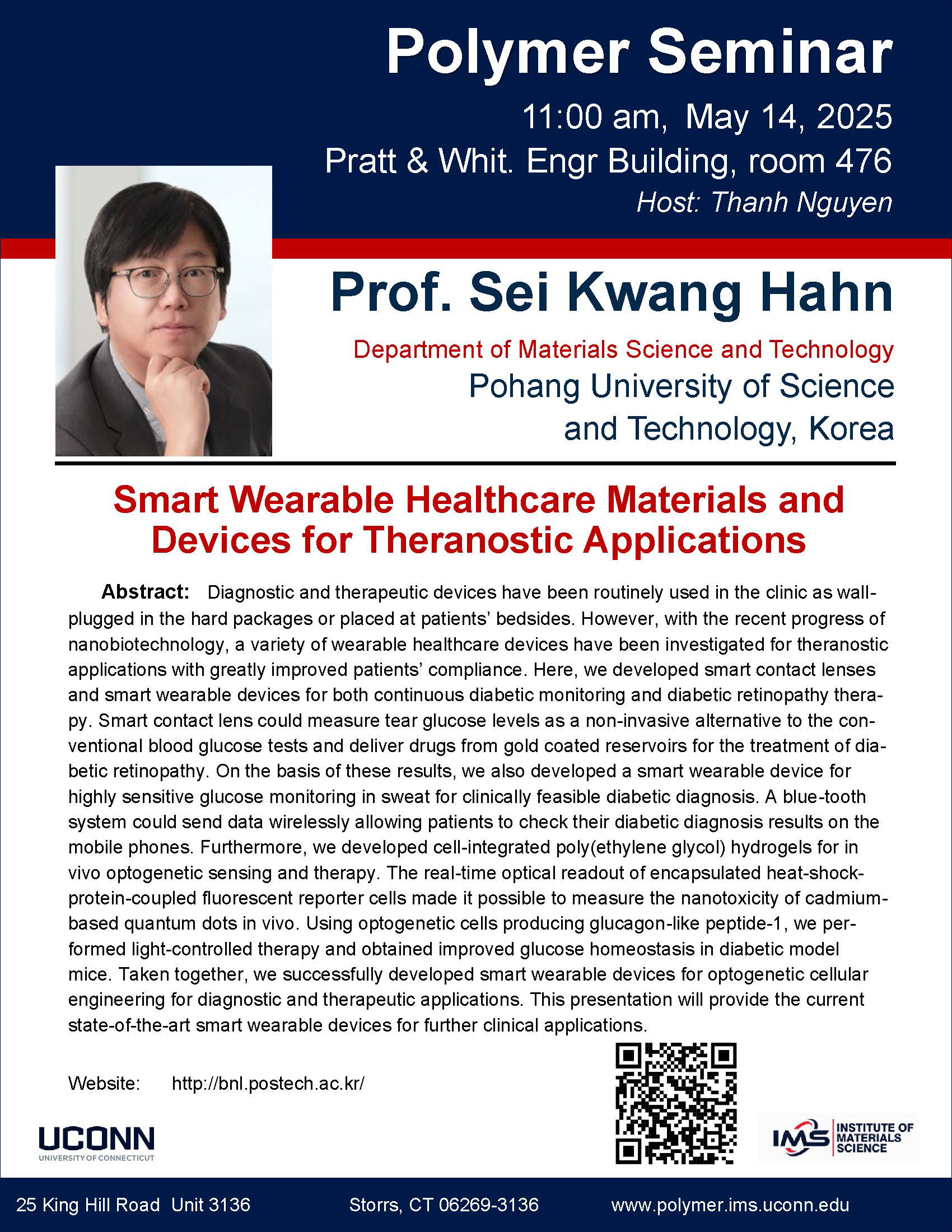 flyer for IMS Polymer Program seminar on 5/14/2025 featuring Prof. Sei Kwang Hahn of Pohang University of Science and Technology in Korea