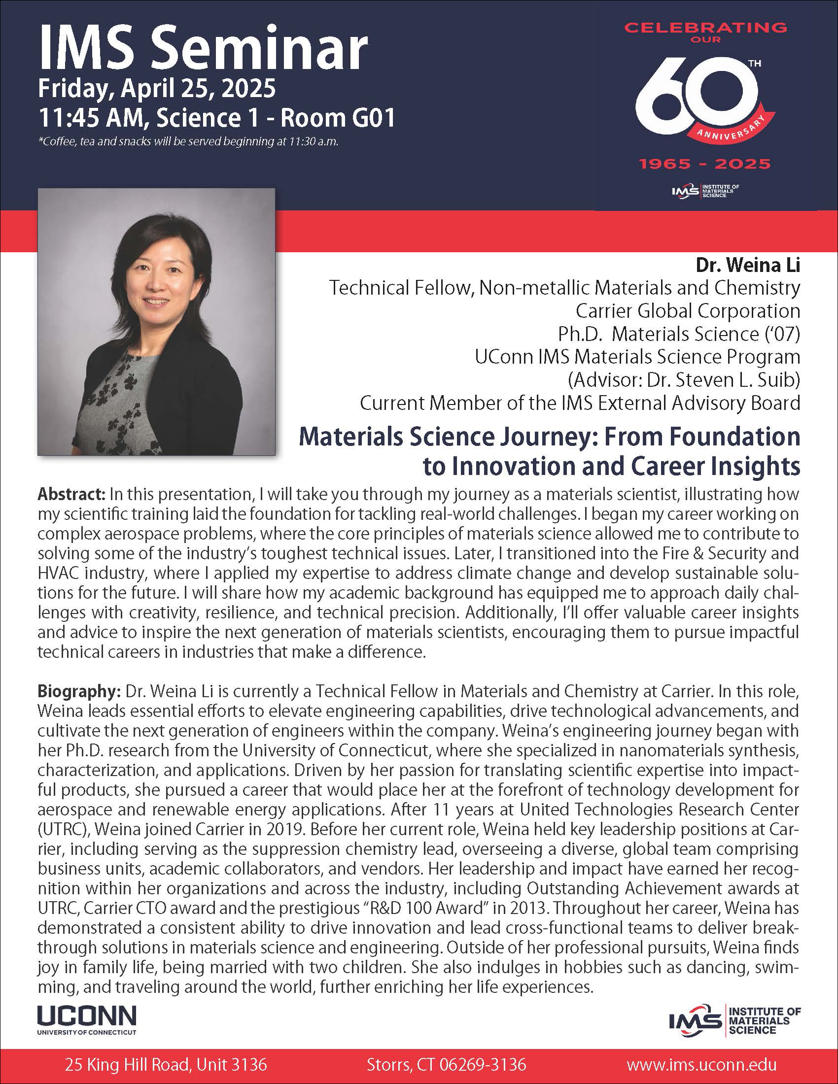 IMS Seminar featuring Weina Li on April 25